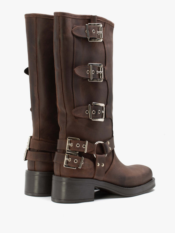 Emotie Brown Leather Multi Buckle Biker Boots