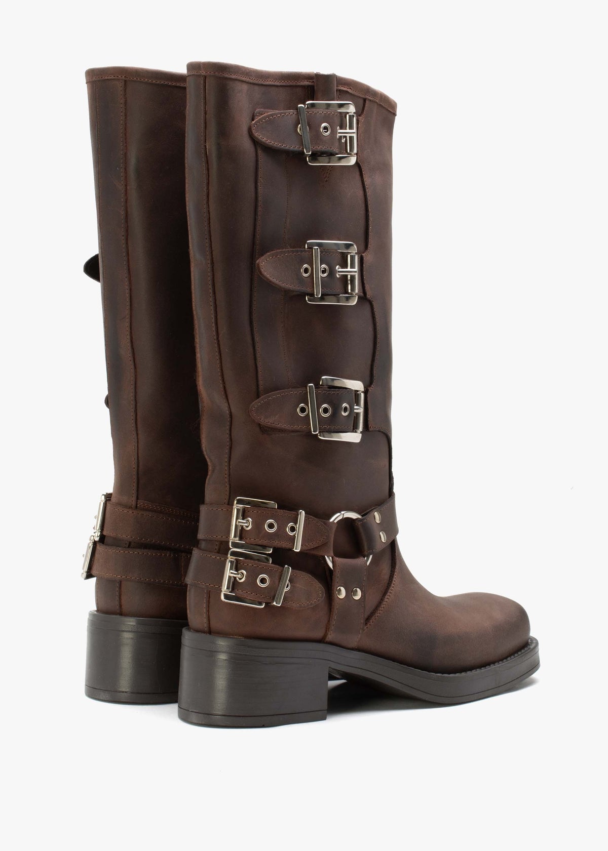 Emotie Brown Leather Multi Buckle Biker Boots