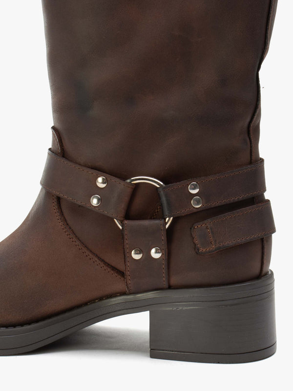 Emotie Brown Leather Multi Buckle Biker Boots