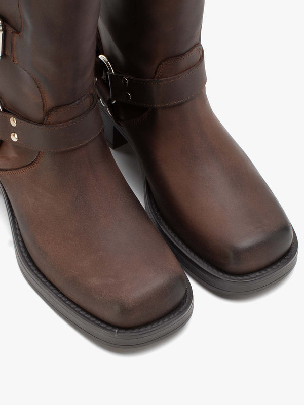 Emotie Brown Leather Multi Buckle Biker Boots