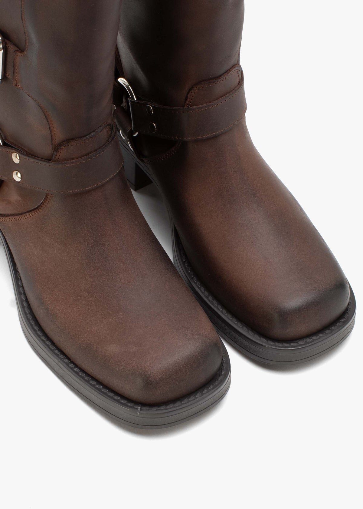 Emotie Brown Leather Multi Buckle Biker Boots