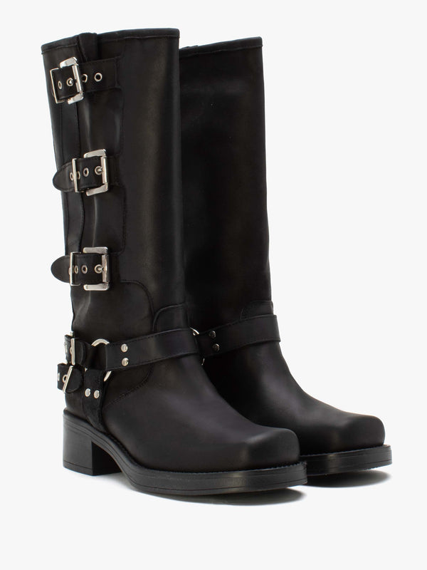 Emotie Black Leather Multi Buckle Biker Boots