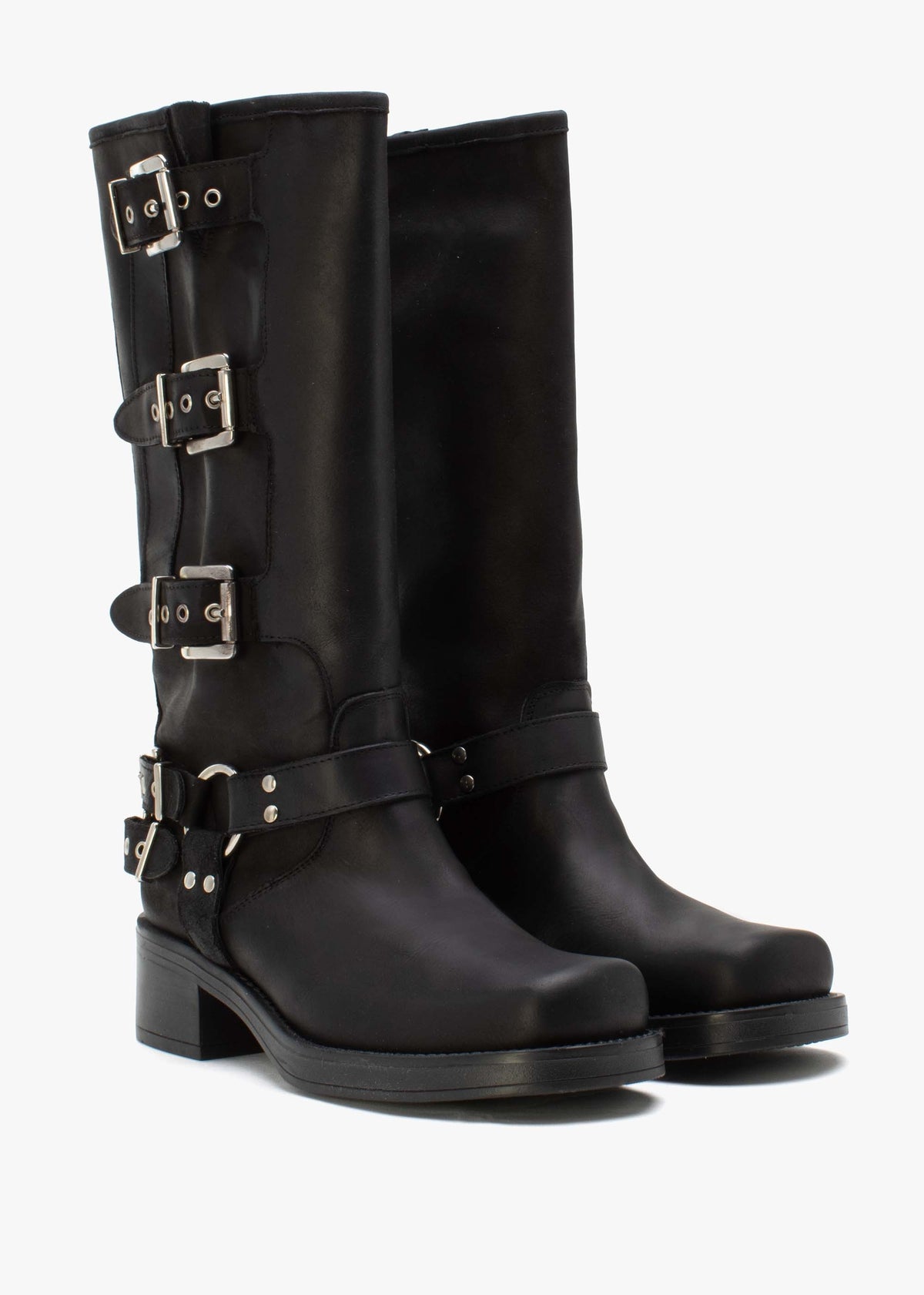 Emotie Black Leather Multi Buckle Biker Boots