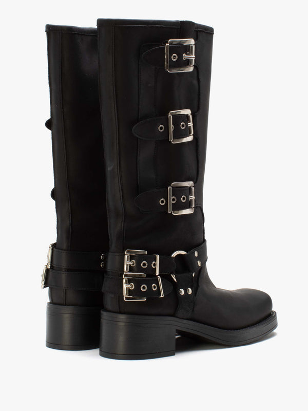 Emotie Black Leather Multi Buckle Biker Boots
