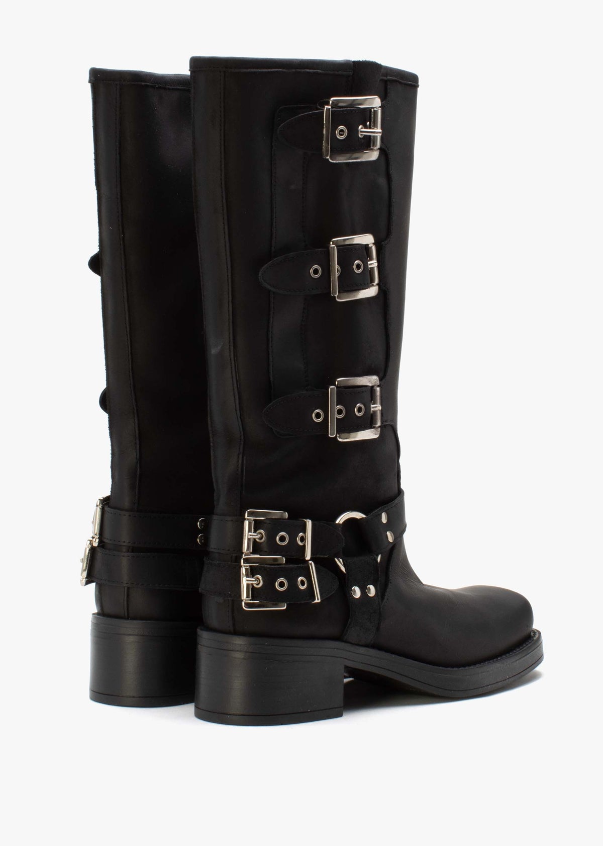 Emotie Black Leather Multi Buckle Biker Boots
