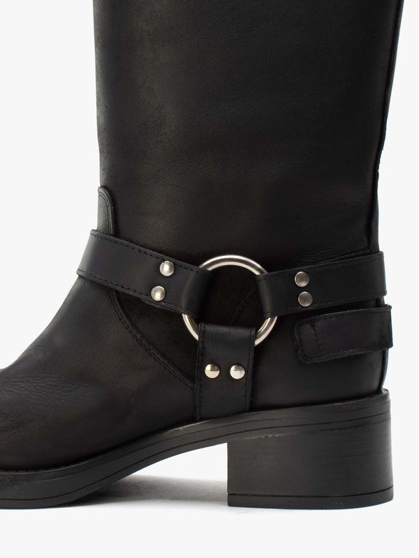 Emotie Black Leather Multi Buckle Biker Boots