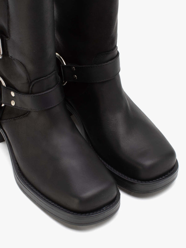 Emotie Black Leather Multi Buckle Biker Boots