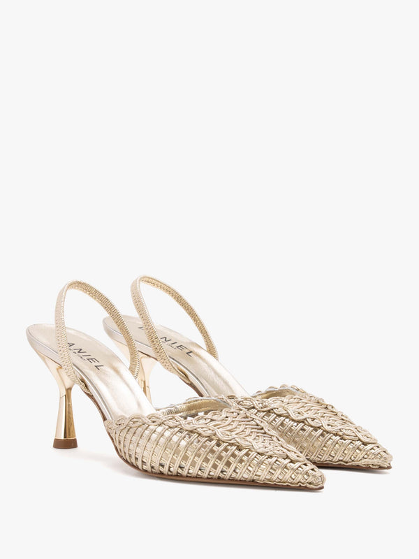Tiffi Low Gold Leather Woven Sling Back Mid Heel Court Shoes