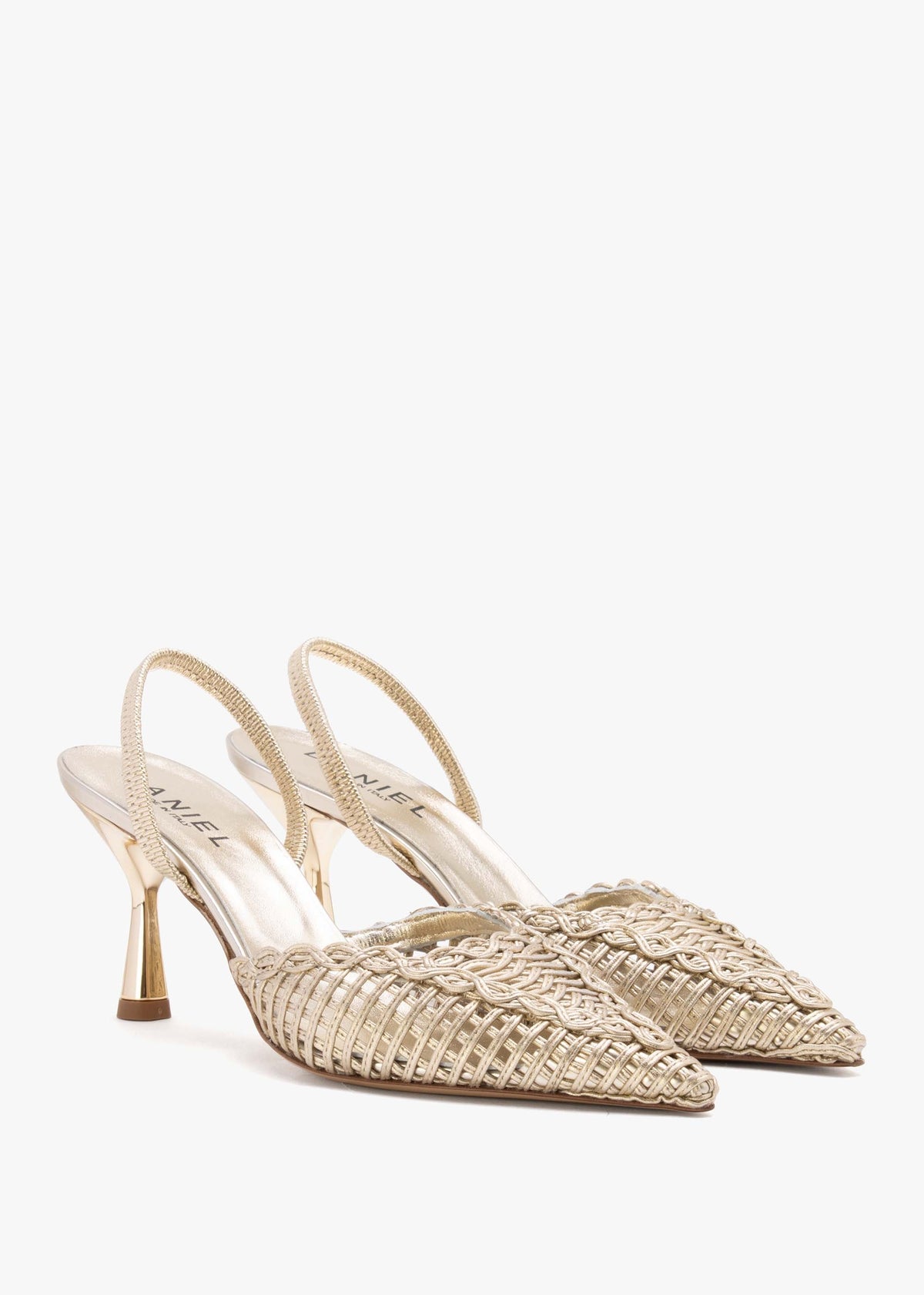 Tiffi Low Gold Leather Woven Sling Back Mid Heel Court Shoes