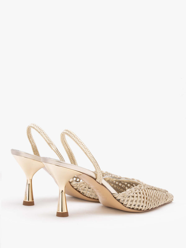 Tiffi Low Gold Leather Woven Sling Back Mid Heel Court Shoes