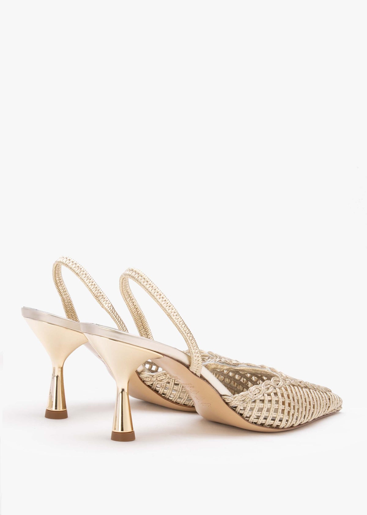 Tiffi Low Gold Leather Woven Sling Back Mid Heel Court Shoes