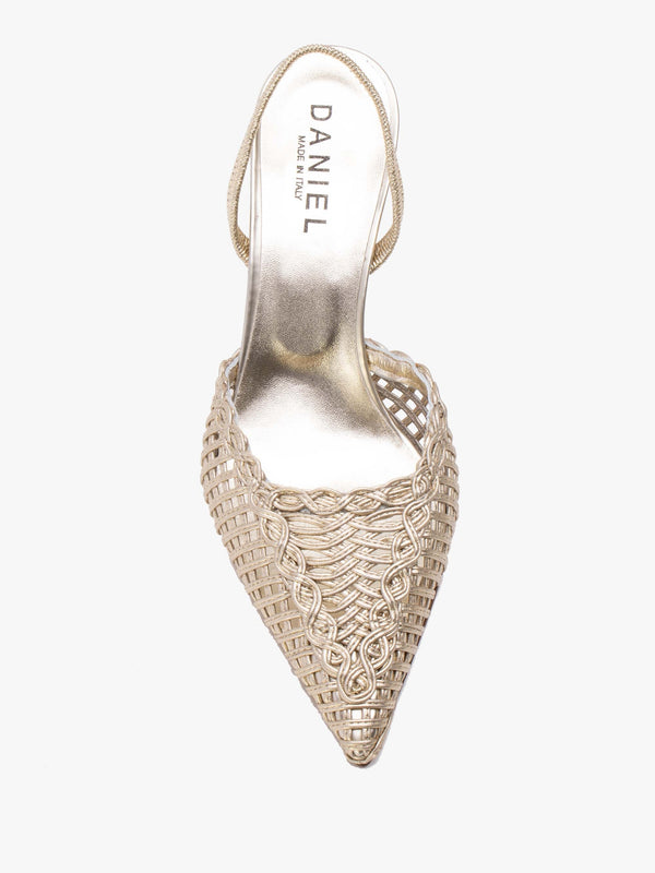 Tiffi Low Gold Leather Woven Sling Back Mid Heel Court Shoes