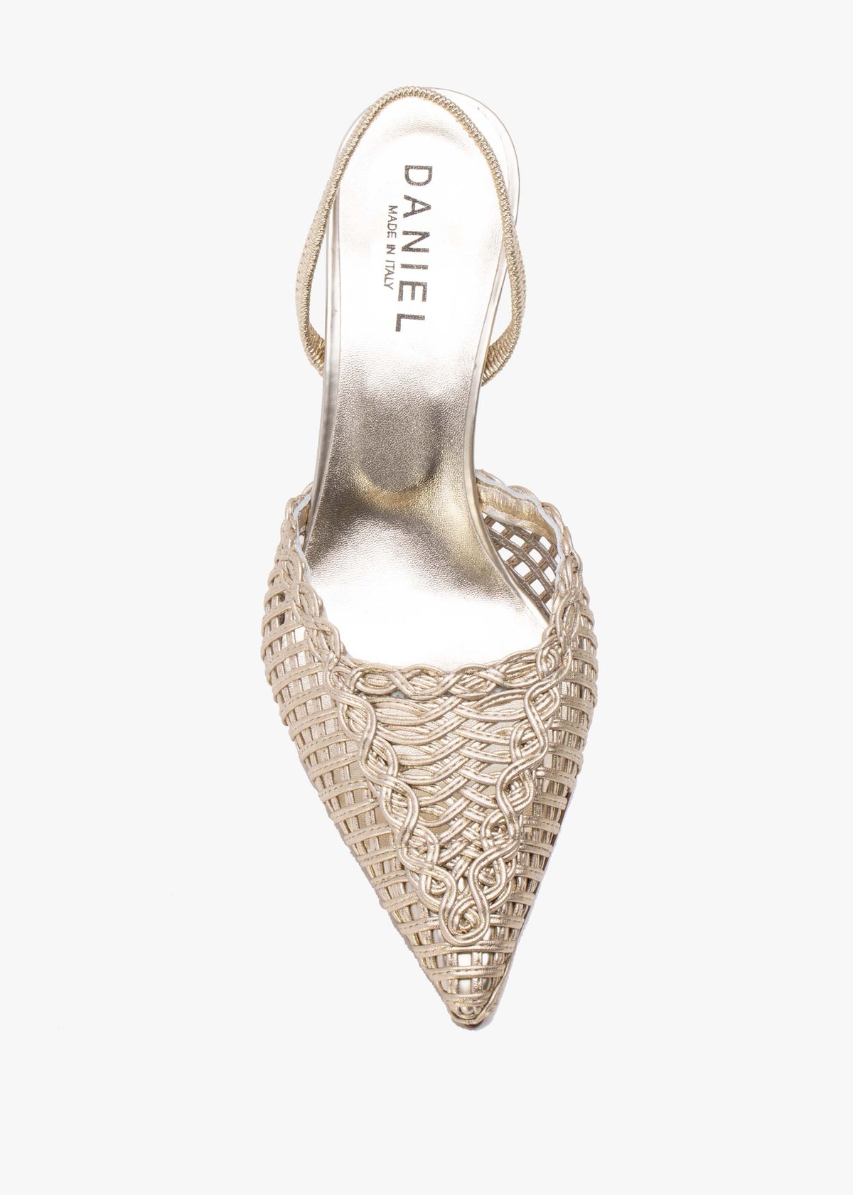 Tiffi Low Gold Leather Woven Sling Back Mid Heel Court Shoes