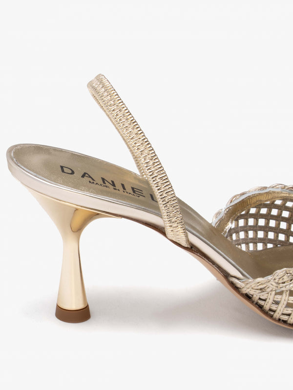 Tiffi Low Gold Leather Woven Sling Back Mid Heel Court Shoes