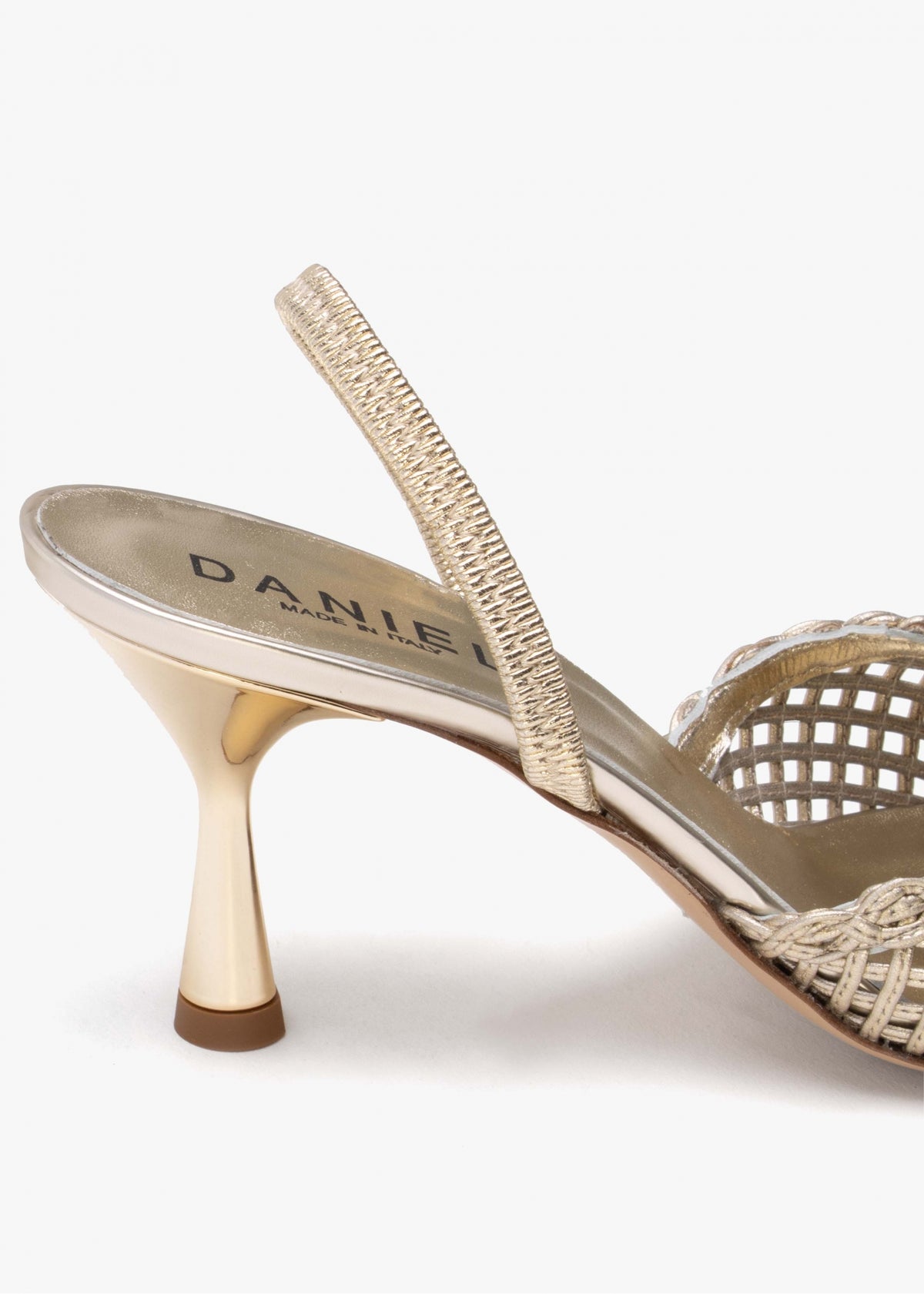 Tiffi Low Gold Leather Woven Sling Back Mid Heel Court Shoes