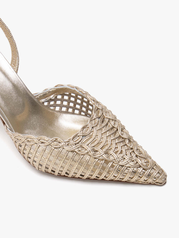 Tiffi Low Gold Leather Woven Sling Back Mid Heel Court Shoes