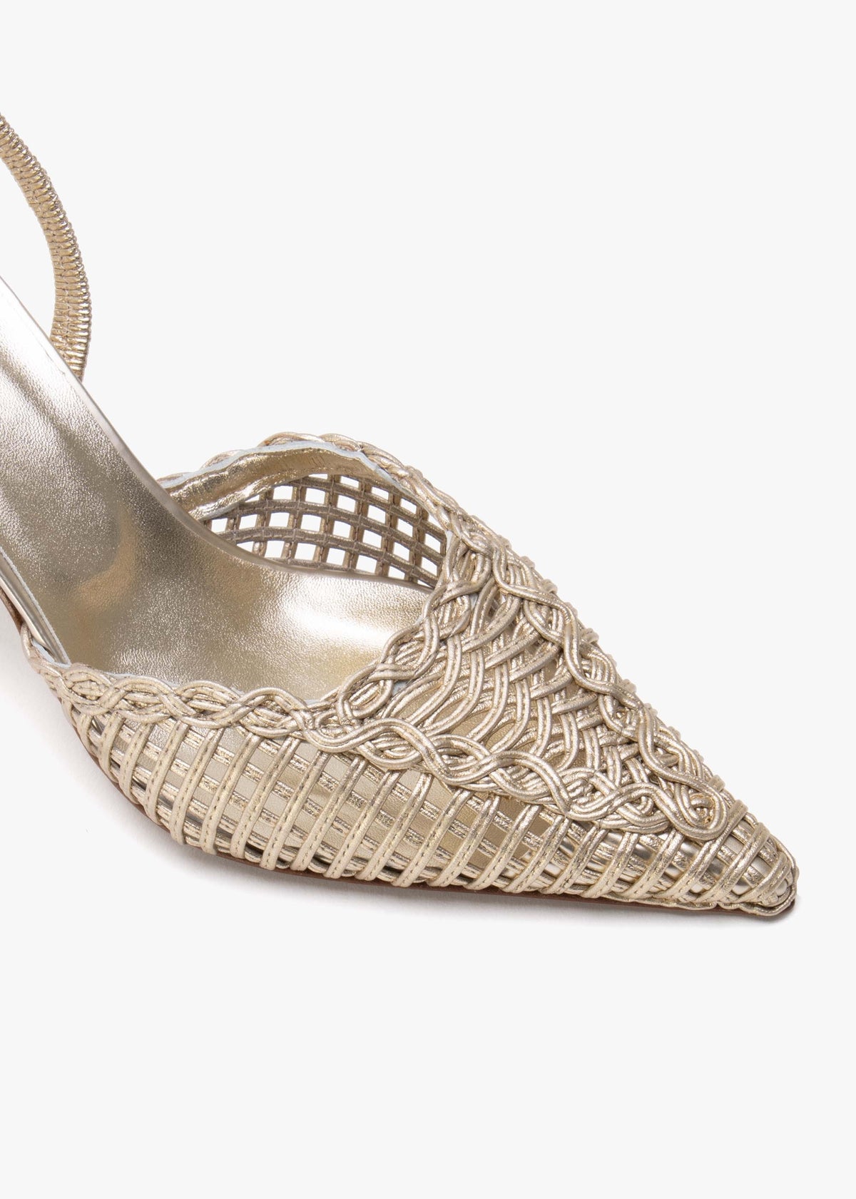 Tiffi Low Gold Leather Woven Sling Back Mid Heel Court Shoes