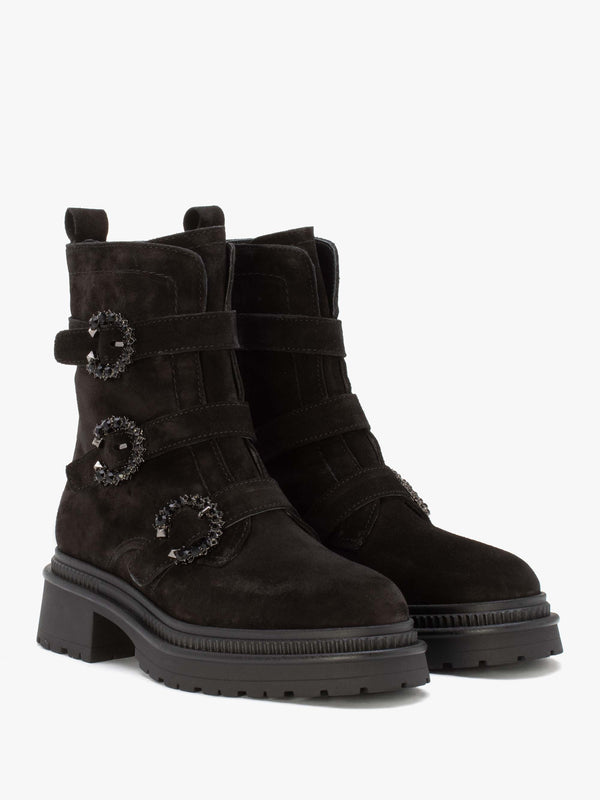 Akita Black Suede Jeweled Biker Boots
