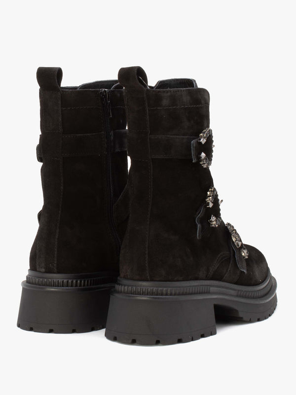 Akita Black Suede Jeweled Biker Boots