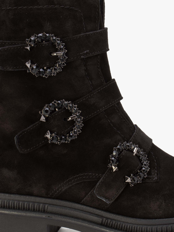Akita Black Suede Jeweled Biker Boots