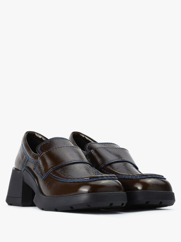 Billie Khaki Leather Contract Stitch Chunky Heel Loafers