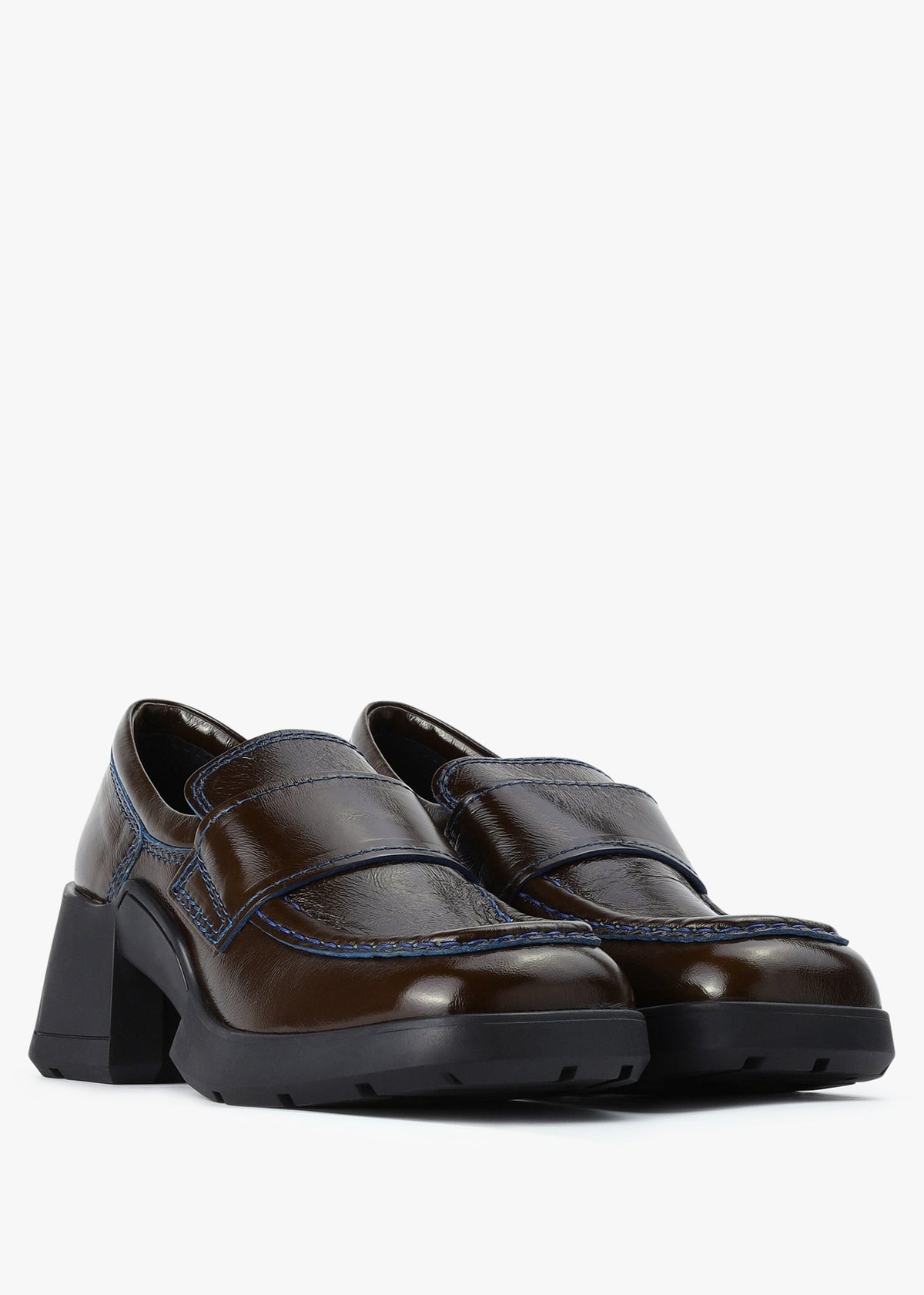 Billie Khaki Leather Contract Stitch Chunky Heel Loafers