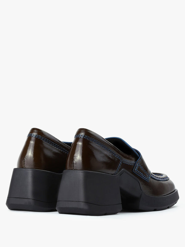 Billie Khaki Leather Contract Stitch Chunky Heel Loafers