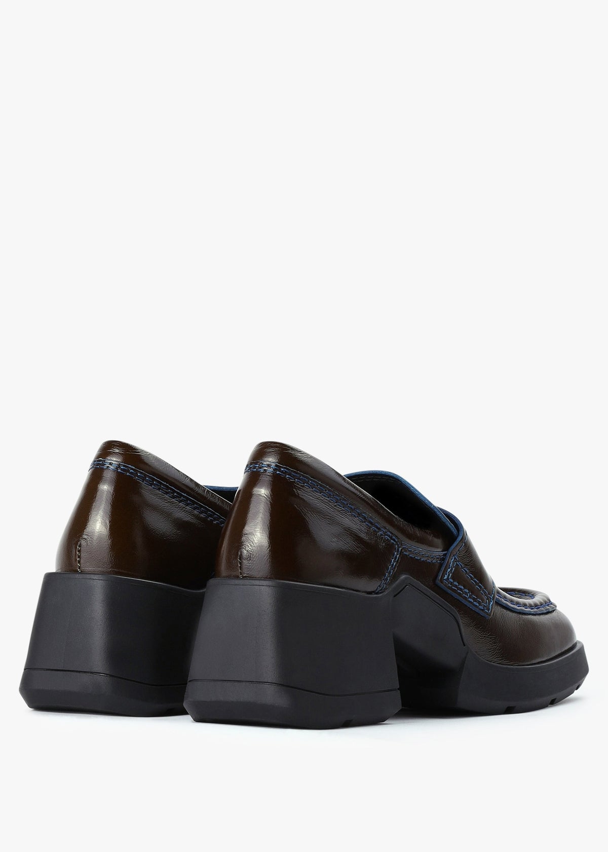 Billie Khaki Leather Contract Stitch Chunky Heel Loafers
