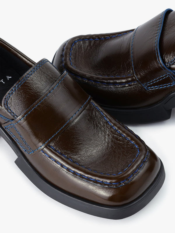 Billie Khaki Leather Contract Stitch Chunky Heel Loafers