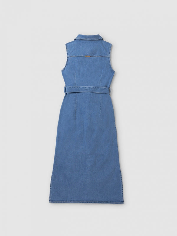 Womens Sleeveless Denim Button Up Dress In Light Indigo Wash