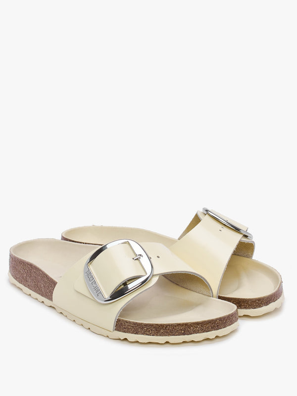 Madrid Big Buckle High Shine Ecru Leather Mules