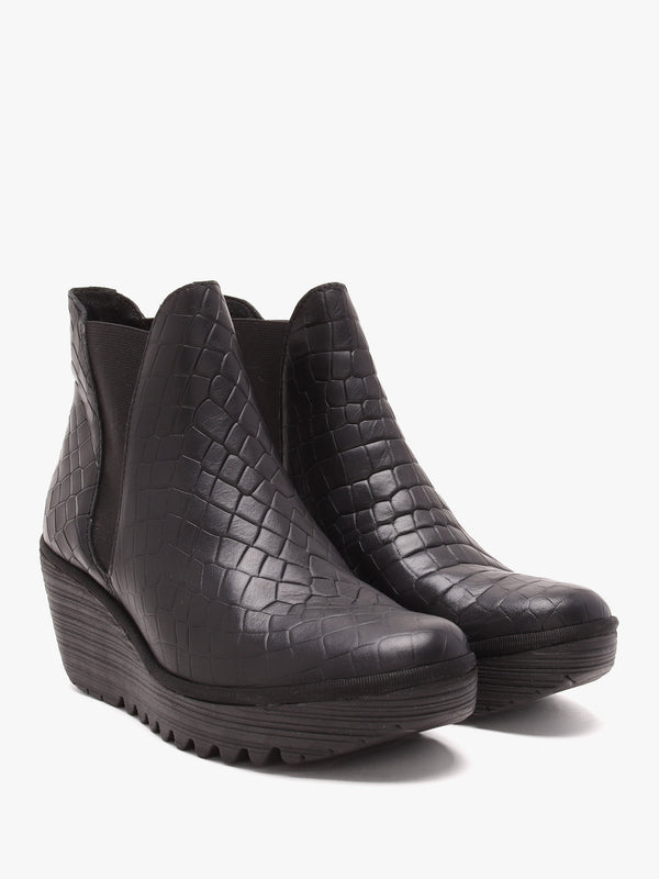 Yoss Black Leather Moc Croc Wedge Ankle Boots
