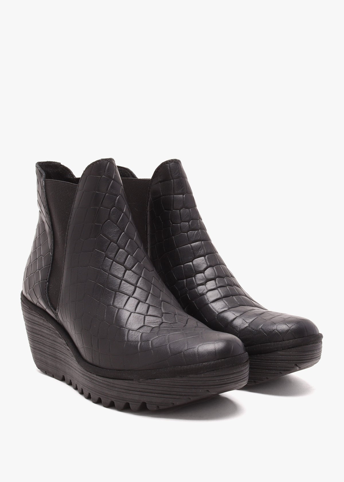 Yoss Black Leather Moc Croc Wedge Ankle Boots