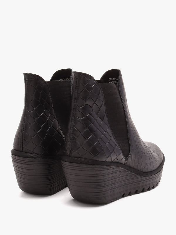 Yoss Black Leather Moc Croc Wedge Ankle Boots