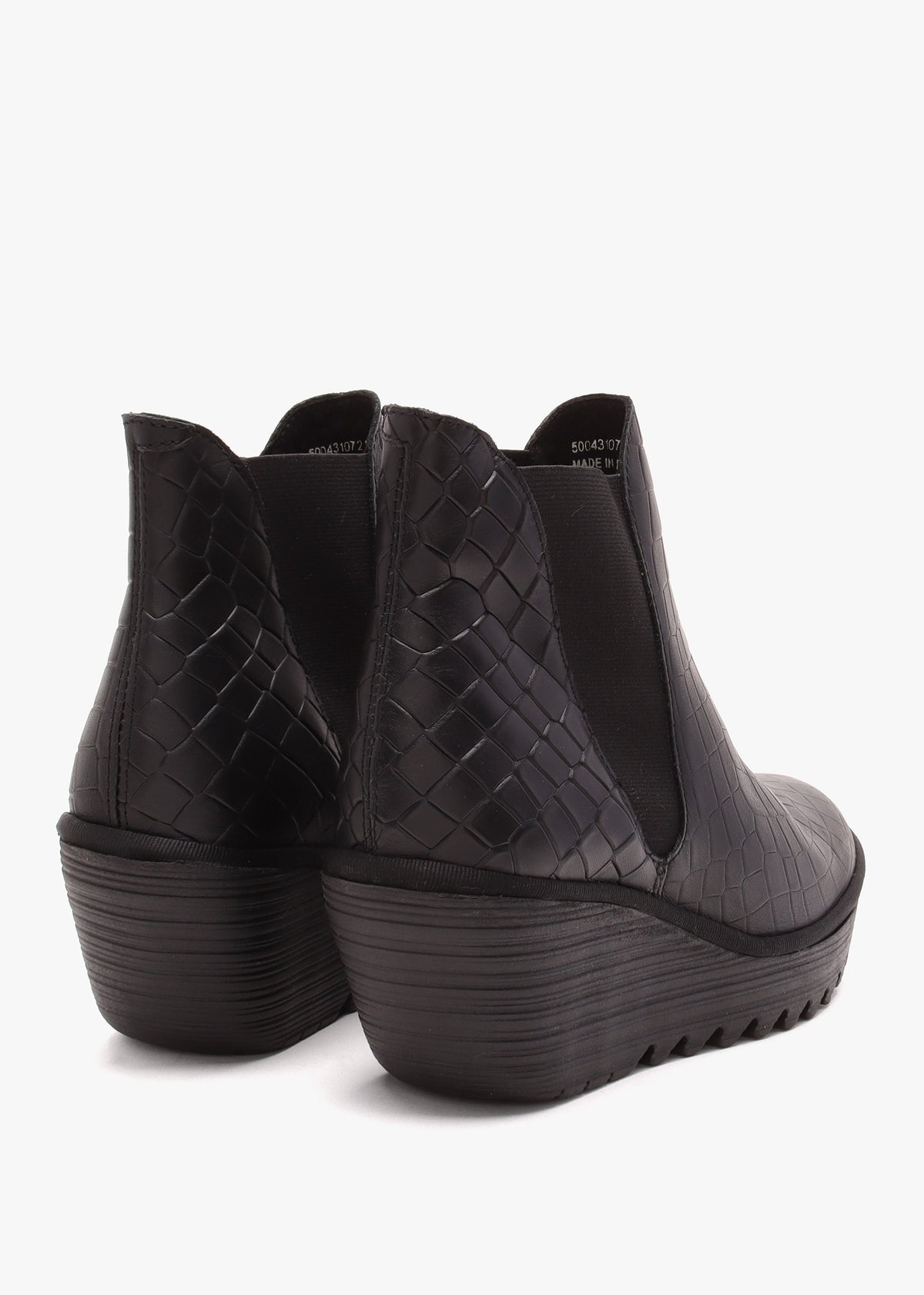 Yoss Black Leather Moc Croc Wedge Ankle Boots
