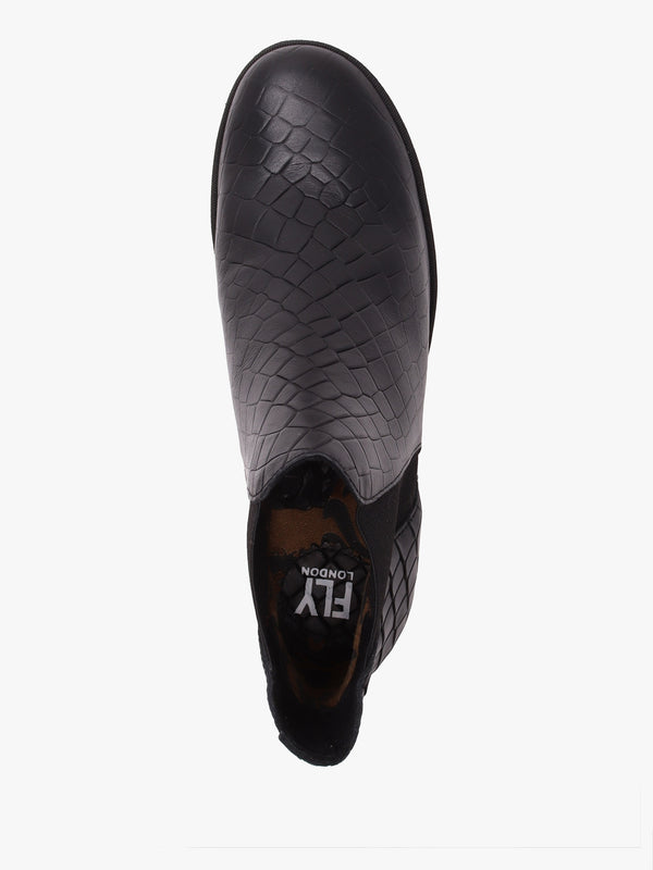 Yoss Black Leather Moc Croc Wedge Ankle Boots