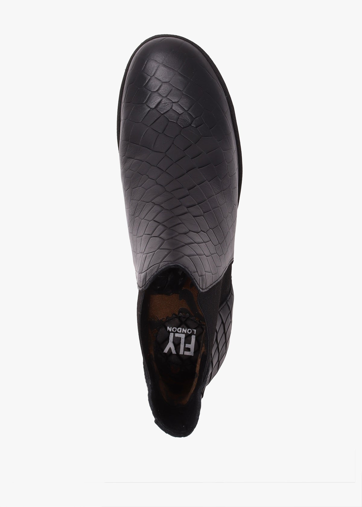 Yoss Black Leather Moc Croc Wedge Ankle Boots