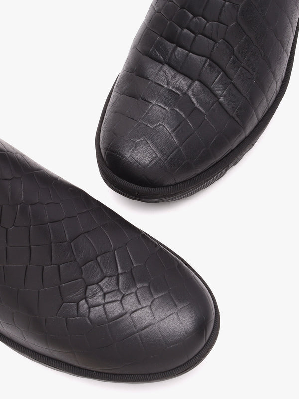 Yoss Black Leather Moc Croc Wedge Ankle Boots