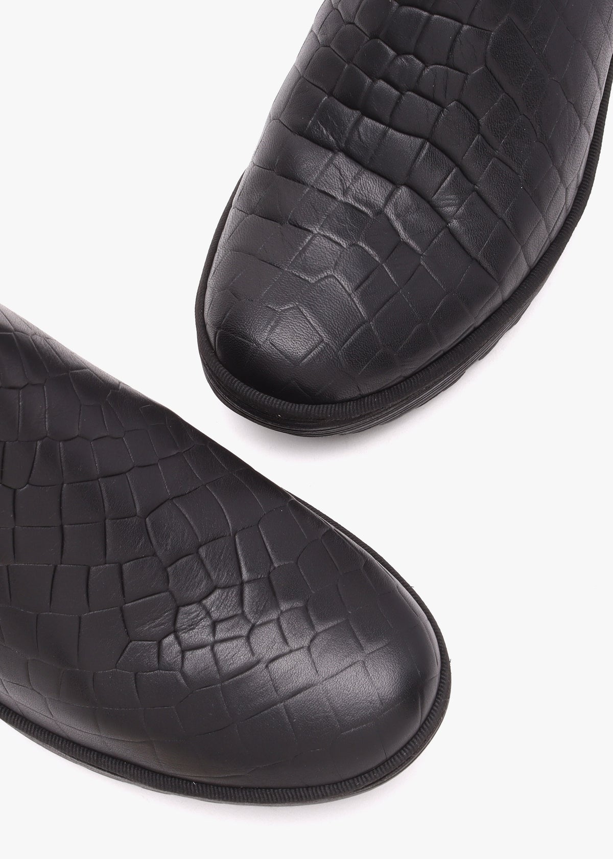 Yoss Black Leather Moc Croc Wedge Ankle Boots