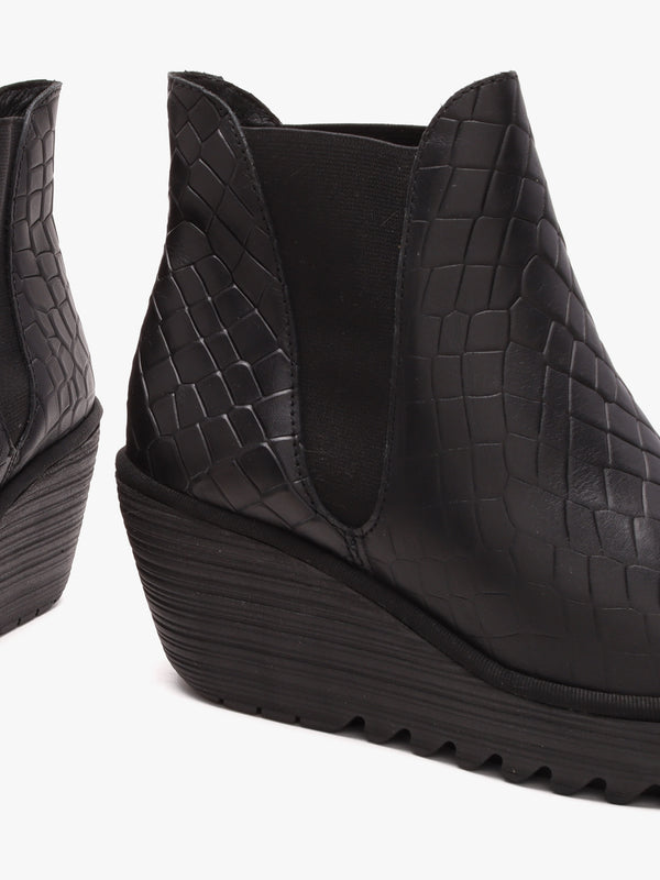 Yoss Black Leather Moc Croc Wedge Ankle Boots