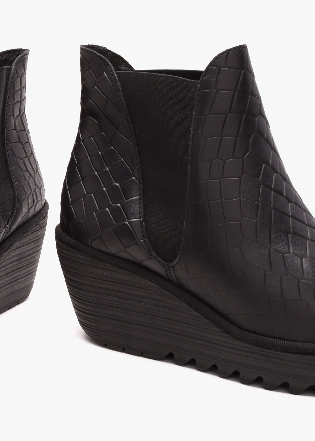 Yoss Black Leather Moc Croc Wedge Ankle Boots
