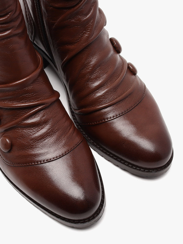 Bronwen Brown Leather Rouched Ankle Boots