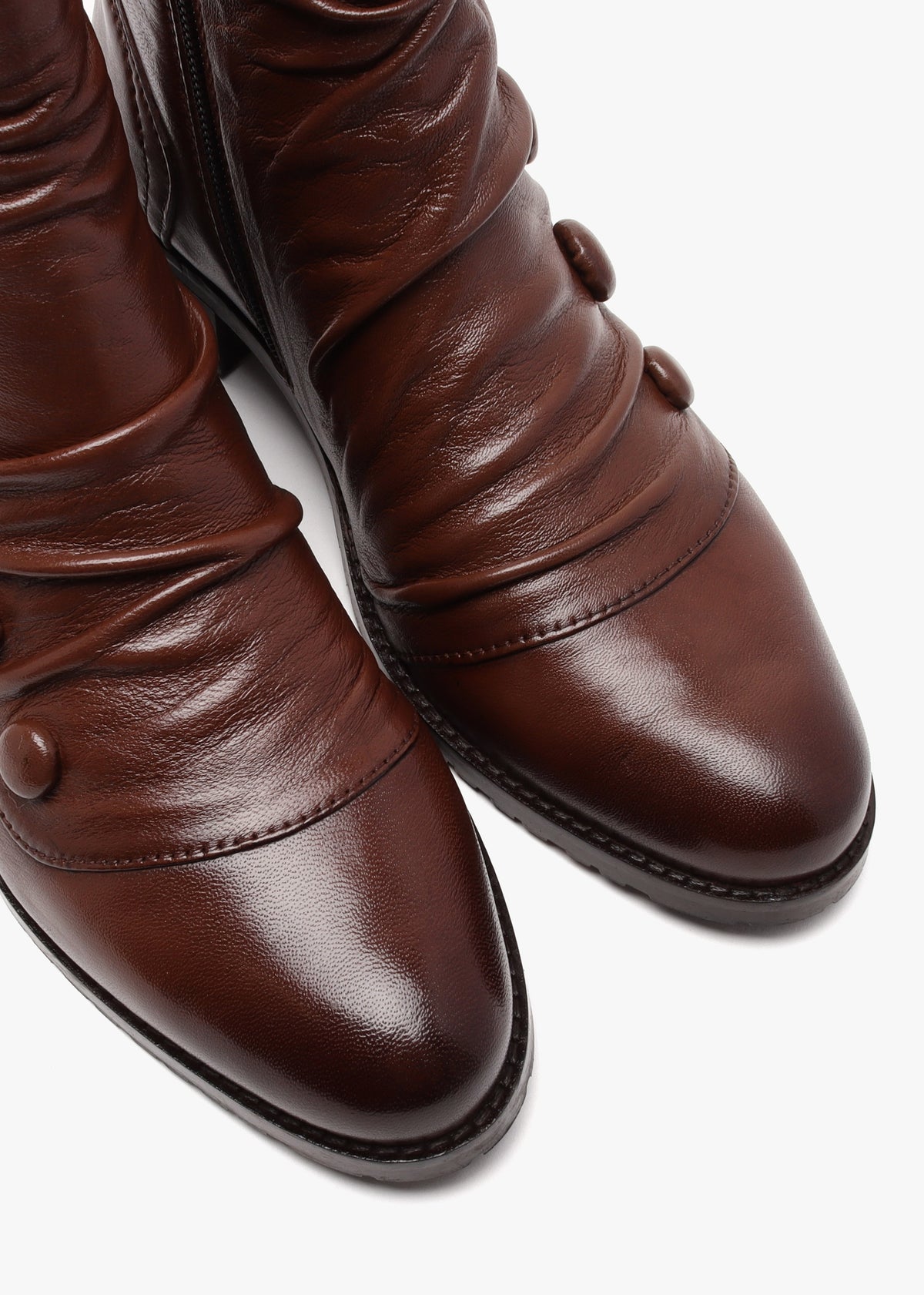 Bronwen Brown Leather Rouched Ankle Boots