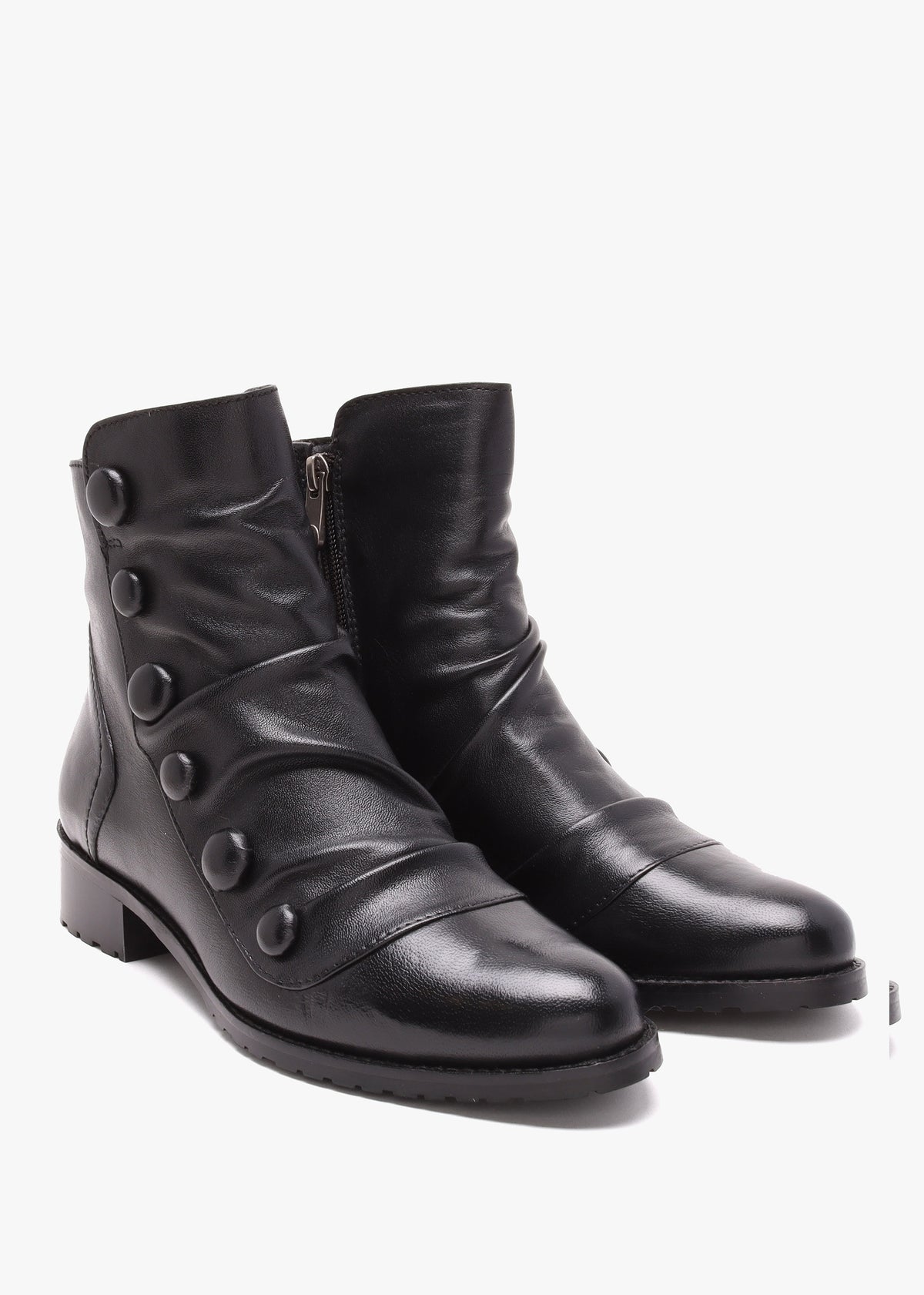 Bronwen Black Leather Rouched Ankle Boots