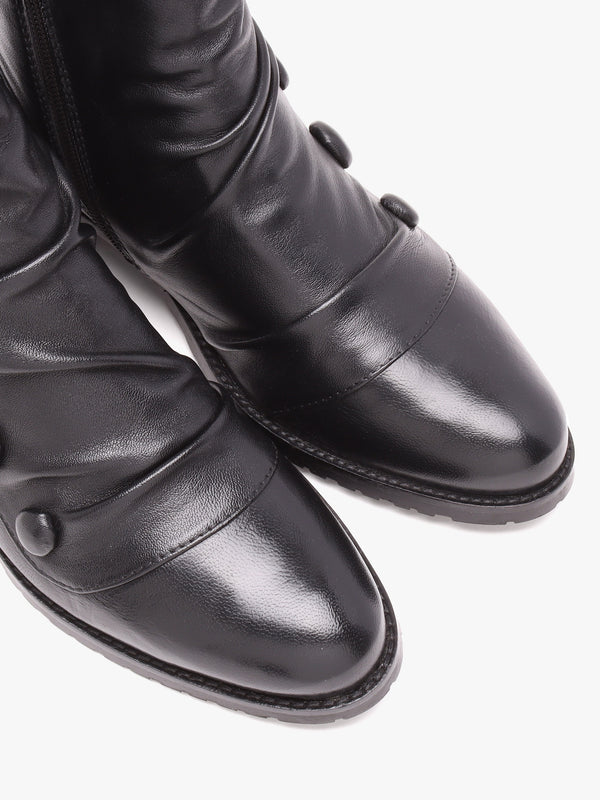 Bronwen Black Leather Rouched Ankle Boots