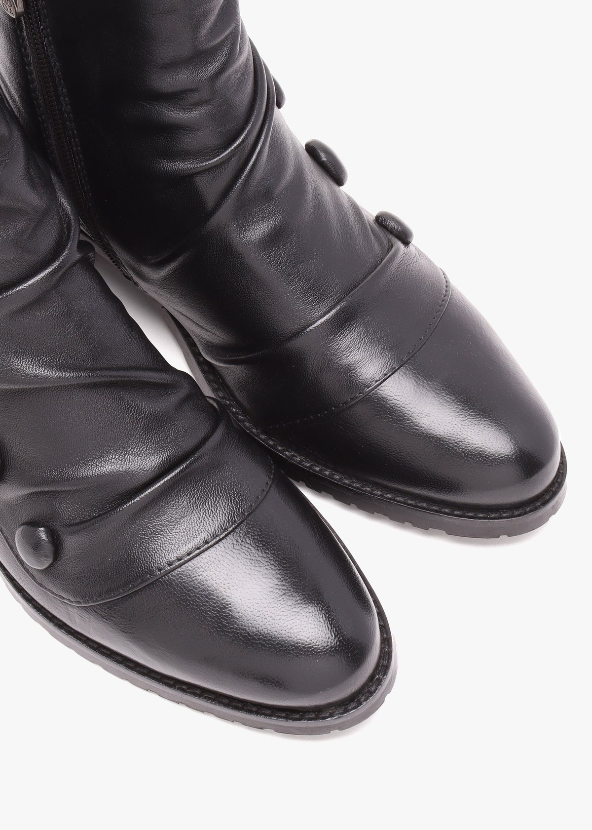 Bronwen Black Leather Rouched Ankle Boots