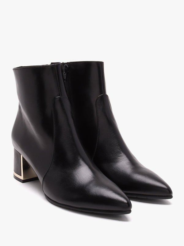 Black Leather Block Heel Ankle Boots