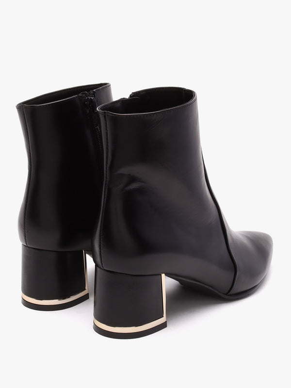 Black Leather Block Heel Ankle Boots