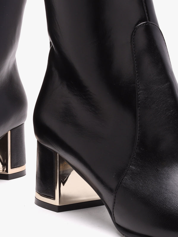 Black Leather Block Heel Ankle Boots