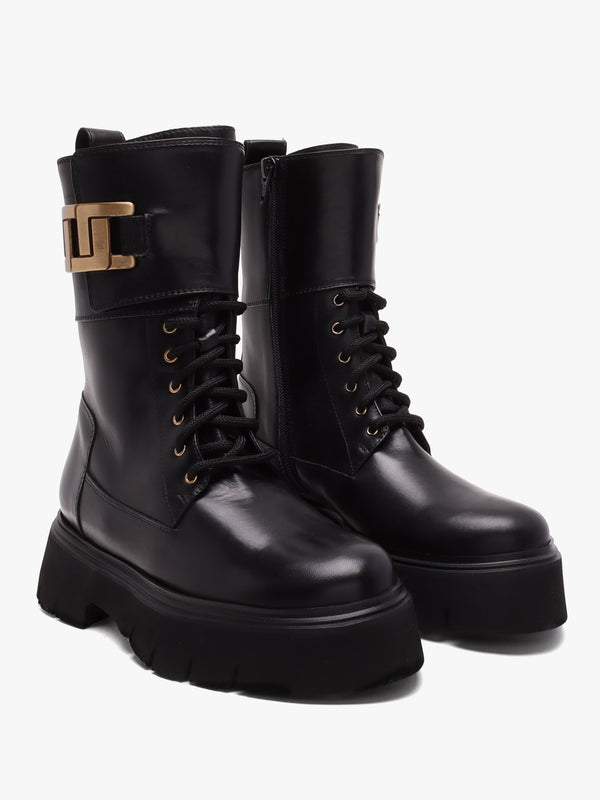 Black Leather Chunky Tall Biker Boots